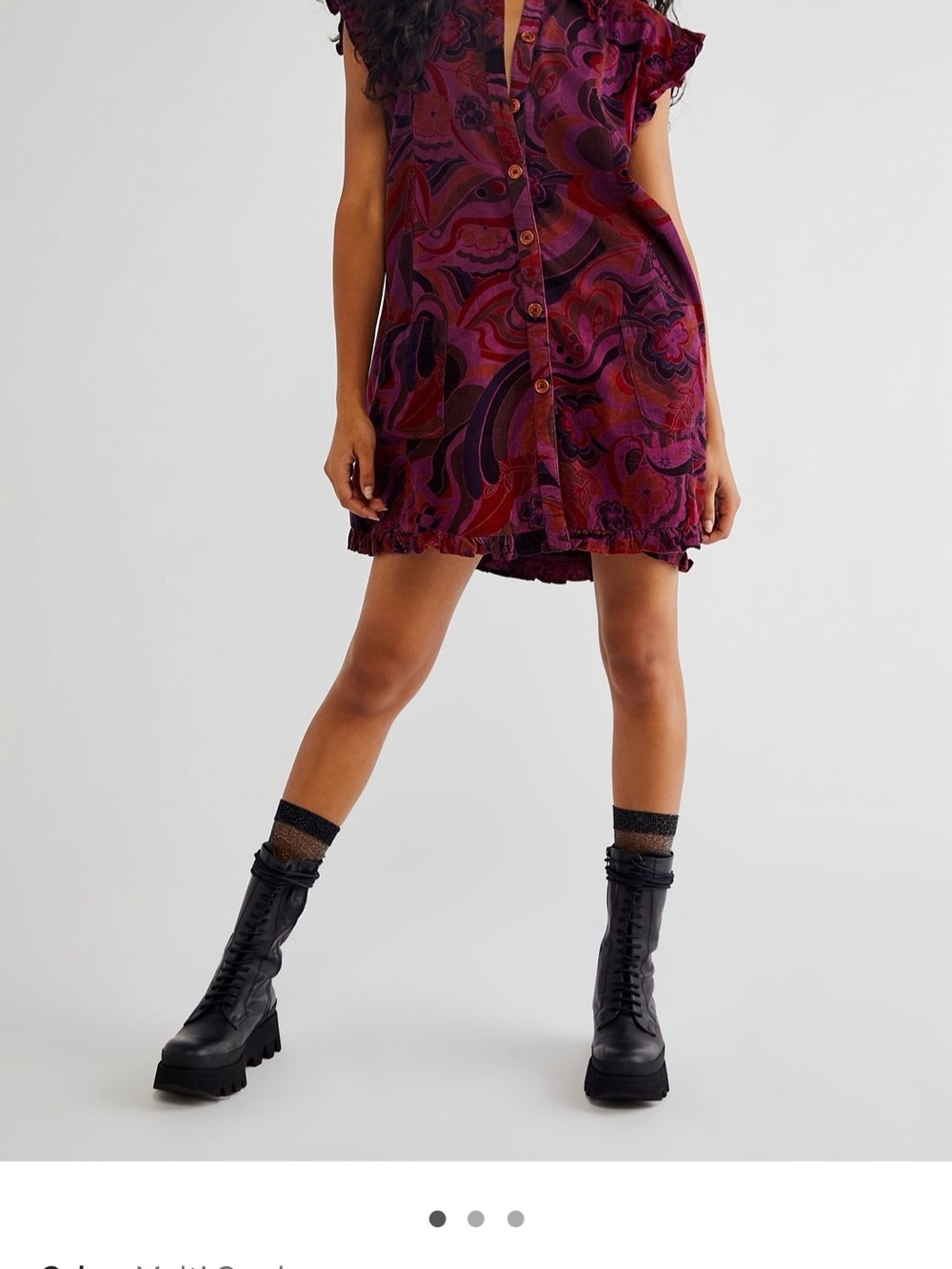 Free People Ruffled Cap-Sleeve Button Front Dress in Burgundy and Plum - Picture 3 of 5